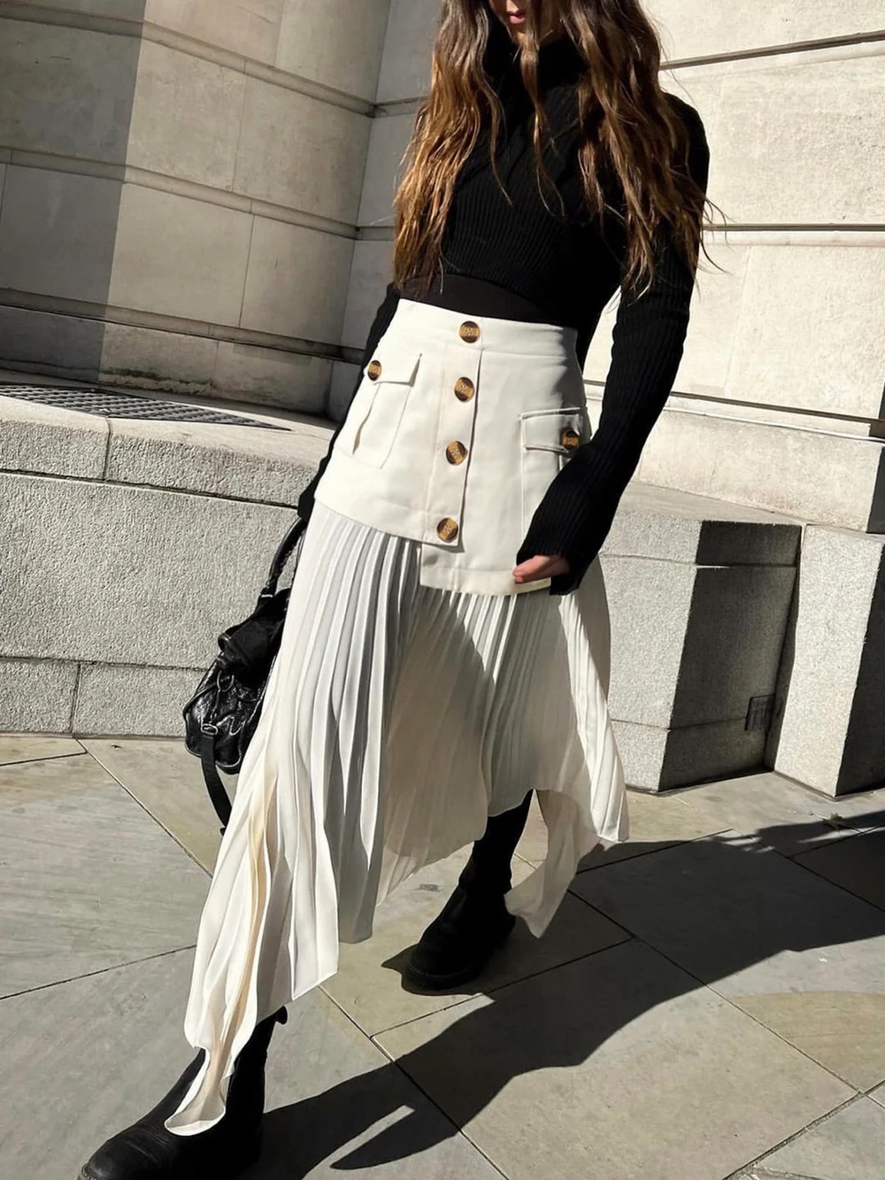 COMMENSE NWT PATCHWORK ASYMMETRICAL PLEATED BUTTON MIDI SKIRT